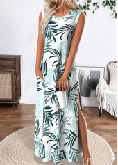 Tropical Plants Print White Maxi A Line Dress