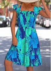 Floral Print Multi Color Short Sleeve Square Neck Dress