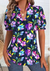 Random Floral Print Dark Blue Short Sleeve Blouse