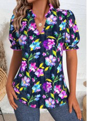 Random Floral Print Dark Blue Short Sleeve Blouse