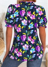Random Floral Print Dark Blue Short Sleeve Blouse