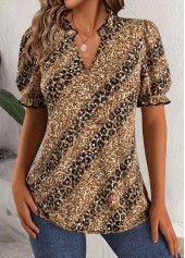 Leopard Dark Coffee Short Sleeve Split Neck Blouse