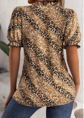 Leopard Dark Coffee Short Sleeve Split Neck Blouse