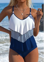 Mid Waisted Striped Navy Tankini Set