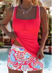 Red Mid Waisted Tribal Print Tankini Set