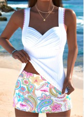 Mid Waisted Paisley Print White Tankini Set