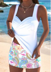 Mid Waisted Paisley Print White Tankini Set