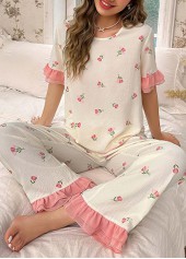 Floral Print Pink Round Neck Lounge Top and Pants