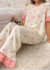Floral Print Pink Round Neck Lounge Top and Pants