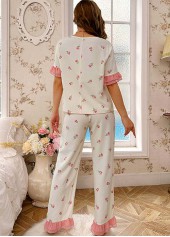 Floral Print Pink Round Neck Lounge Top and Pants