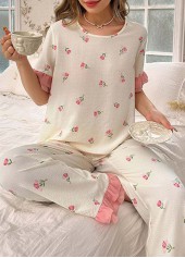 Floral Print Pink Round Neck Lounge Top and Pants