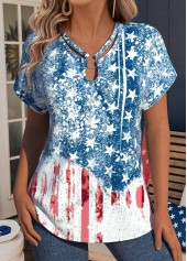Flag Print Blue Short Sleeve V Neck T Shirt