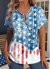 Flag Print Blue Short Sleeve V Neck T Shirt