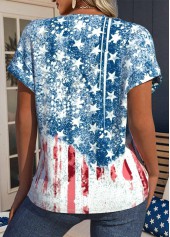 Flag Print Blue Short Sleeve V Neck T Shirt