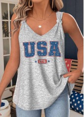 Flag Print Grey Strappy V Neck Tank Top