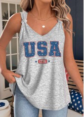 Flag Print Grey Strappy V Neck Tank Top