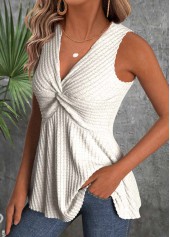 Beige Sleeveless V Neck Tank Top