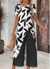 Leaf Print White Ankle Length Round Neck Top