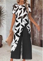 Leaf Print White Ankle Length Round Neck Top