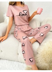 Heart Print Pink Round Neck Lounge Top and Pants