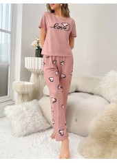 Heart Print Pink Round Neck Lounge Top and Pants