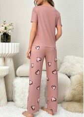 Heart Print Pink Round Neck Lounge Top and Pants
