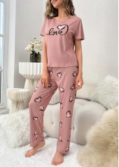 Heart Print Pink Round Neck Lounge Top and Pants