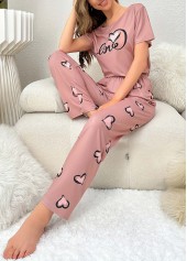 Heart Print Pink Round Neck Lounge Top and Pants