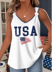 American Flag Print White Strappy V Neck Tank Top