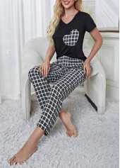 Plaid Black Round Neck Lounge Top and Pants