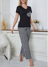 Plaid Black Round Neck Lounge Top and Pants