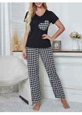 Plaid Black Round Neck Lounge Top and Pants