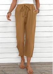 Light Camel Straight Leg Elastic Waist High Waisted Pants
