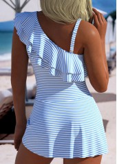 One Shoulder Ruffle Light Blue One Piece Swimdress