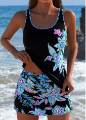 Mid Waisted Random Floral Print Black Tankini Set