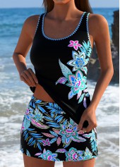 Mid Waisted Random Floral Print Black Tankini Set