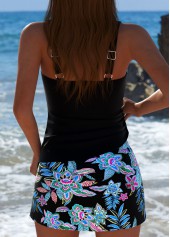 Mid Waisted Random Floral Print Black Tankini Set