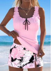 Mid Waisted Feathers Print Light Pink Tankini Set