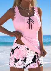 Mid Waisted Feathers Print Light Pink Tankini Set