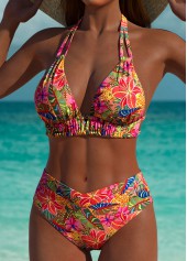 Mid Waisted Tropical Plants Print Pink Bikini Set
