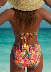 Mid Waisted Tropical Plants Print Pink Bikini Set