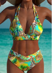 Mid Waisted Tropical Plants Print Green Bikini Set