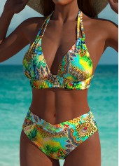 Mid Waisted Tropical Plants Print Green Bikini Set