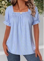 Striped Blue Short Sleeve Square Neck Blouse