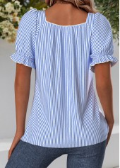 Striped Blue Short Sleeve Square Neck Blouse