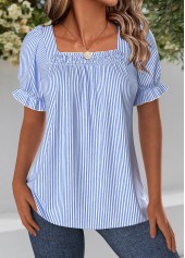 Striped Blue Short Sleeve Square Neck Blouse