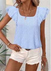 Striped Blue Short Sleeve Square Neck T Shirt