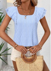 Striped Blue Short Sleeve Square Neck T Shirt
