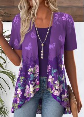 Ombre Purple Short Sleeve Fake Two Piece Twinset