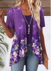 Ombre Purple Short Sleeve Fake Two Piece Twinset